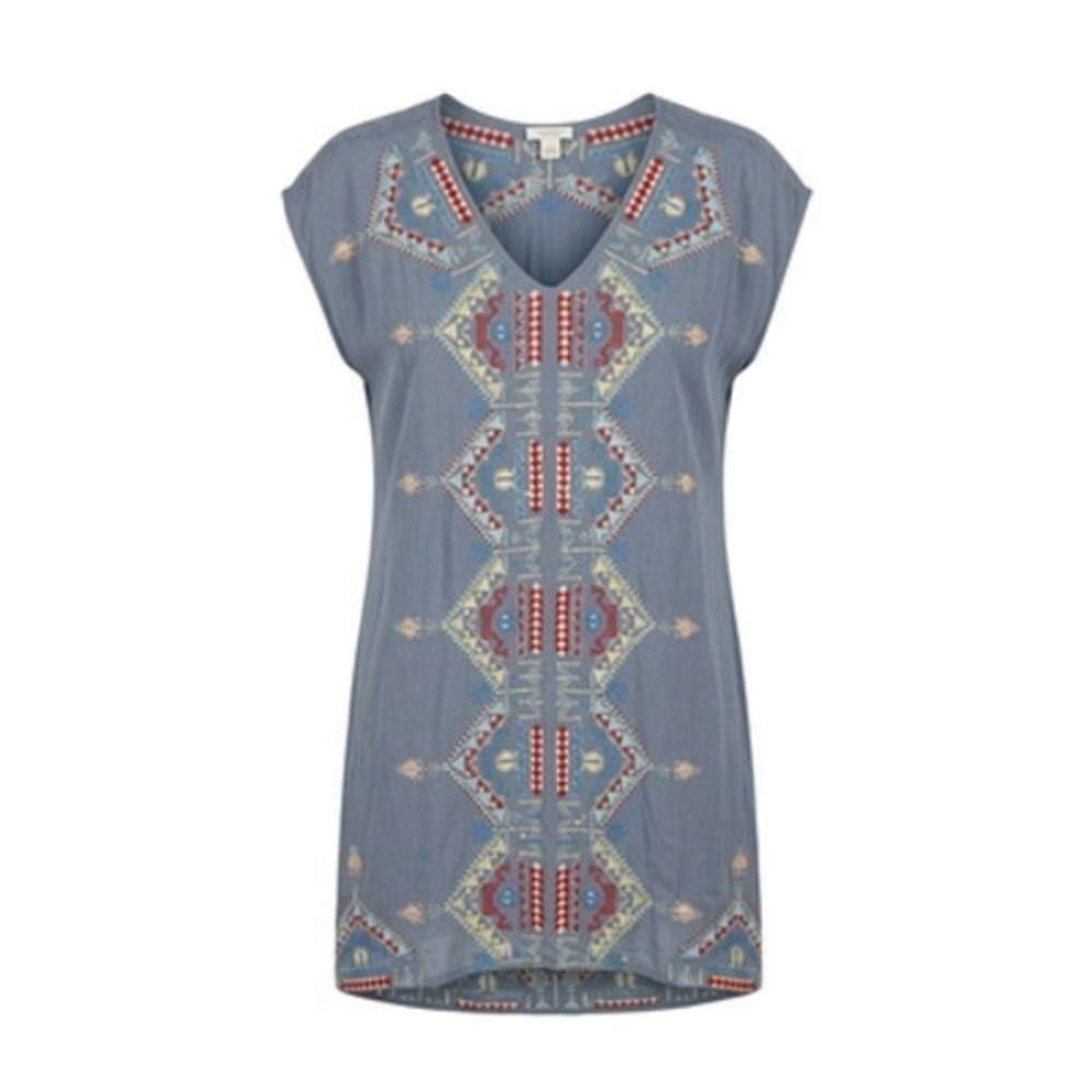 Sundance Dress Women S Blue Embroidered Geo Cap Sleeve Tunic Shift Boho Whimsy